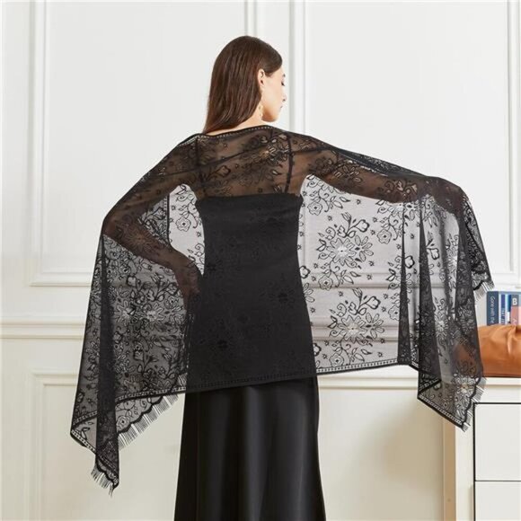 Women’s Floral Lace Shawls Wraps Black2 - Picture 4 of 6